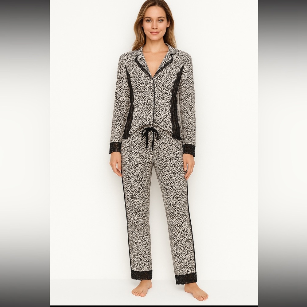 Victoria’s Secret Leopard Print Pajama Set with Black Lace Trim